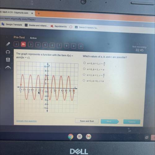 The graph represents a function with the form f(x) =
asin(bx + c)