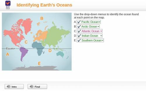 A world map with the Equator labeled. A: below the equator on left side. B: above the equator at to