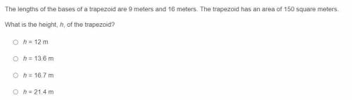 The lengths of the bases of a trapezoid are 9 meters and 16 meters. The trapezoid has an area of 15