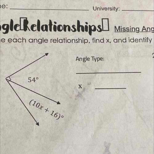 Angle Type:
54°
Х
(10x + 16)