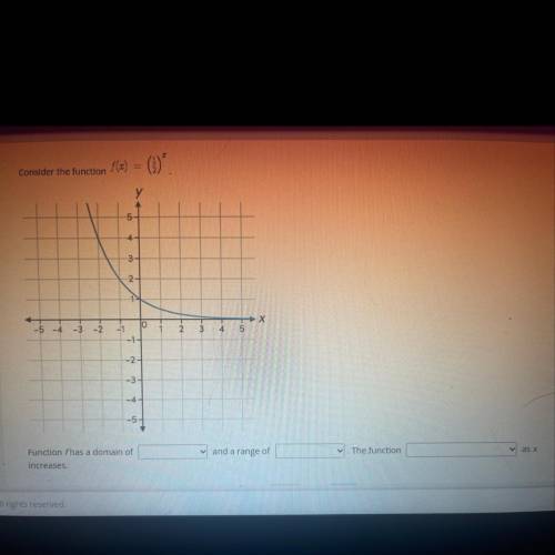 Select the correct answer from each drop-down menu.
Consider the function
f(x) = (1/2)^x