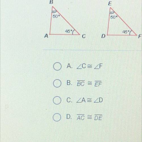 What else would need to be congruent to show that triangle ABC cong triangle DEF by ASA?