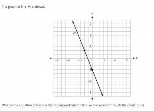 What is the equation of the line that is perpendicular to line m and passes through the point (3,2)