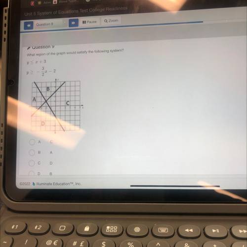 Question 9

What region of the graph would satisfy the following system?
y S2+3
3
y
2
22
B
А
C
D
A