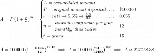 A=P\left(1+\frac{r}{n}\right)^{nt} \quad \begin{cases} A=\textit{accumulated amount}\\ P=\textit{original amount deposited}\dotfill &\$100000\\ r=rate\to 5.5\%\to \frac{5.5}{100}\dotfill &0.055\\ n= \begin{array}{llll} \textit{times it compounds per year}\\ \textit{monthly, thus twelve} \end{array}\dotfill &12\\ t=years\dotfill &15 \end{cases} \\\\\\ A=100000\left(1+\frac{0.055}{12}\right)^{12\cdot 15}\implies A=100000\left( \frac{2411}{2400} \right)^{180}\implies A\approx 227758.38