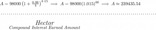 A=98000\left(1+\frac{0.06}{4}\right)^{4\cdot 15}\implies A=98000(1.015)^{60}\implies A\approx 239435.54 \\\\[-0.35em] ~\dotfill\\\\ ~~~~~~ \stackrel{\textit{\Large Hector}}{\textit{Compound Interest Earned Amount}}