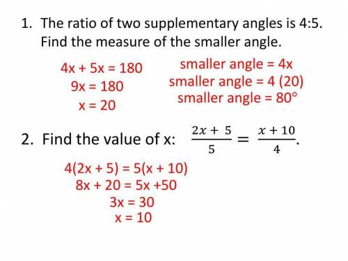 What is the smaller angle of (x+20) (5x+10)