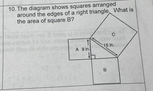 The diagram shows squares arranged around the edge of a right triangle. What is the area of square