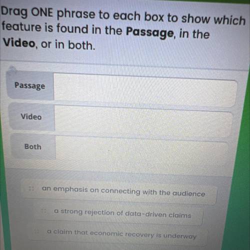 Drag ONE phrase to each box to show which

feature is found in the Passage, in the
Video, or in bo
