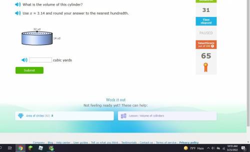 What is the volume of this cylinder?

Use  ≈ 3.14 and round your answer to the nearest hundredth.