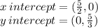 x \: intercept = ( \frac{5}{2} ,0) \\ y \: intercept = (0, \frac{5}{3} )