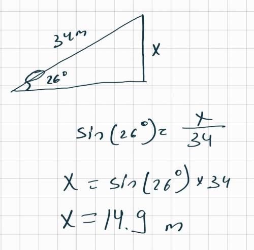 a toy airplane takes off and flies for a distance of 34 meters at an angle of 26 degrees above the h